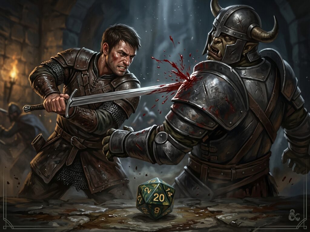 Un guerrier réussit une attaque critique sur un chef orc.