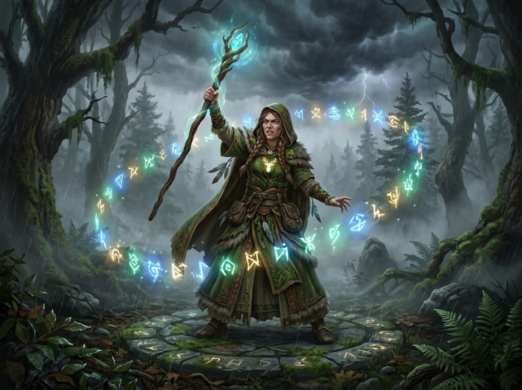 Druide DnD 2024 : guide complet de la classe nature dans Donjons et Dragons 1 Druide de donjons et dragons, entouré de protection.