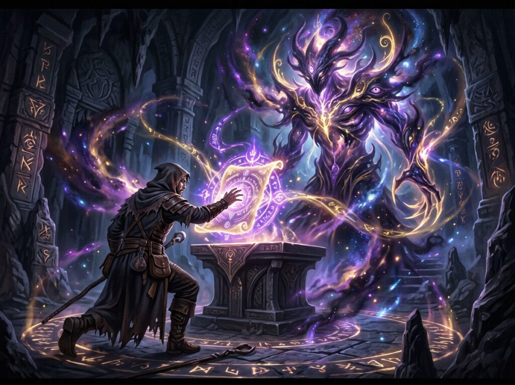 Sorcier DnD 2024 : guide complet du warlock dans Donjons et Dragons 2 Sorcier DnD lançant plusieurs rayons de Souffle Occulte dans un couloir de donjon sombre, éclairs d'énergie occulte violets, scène de combat dynamique