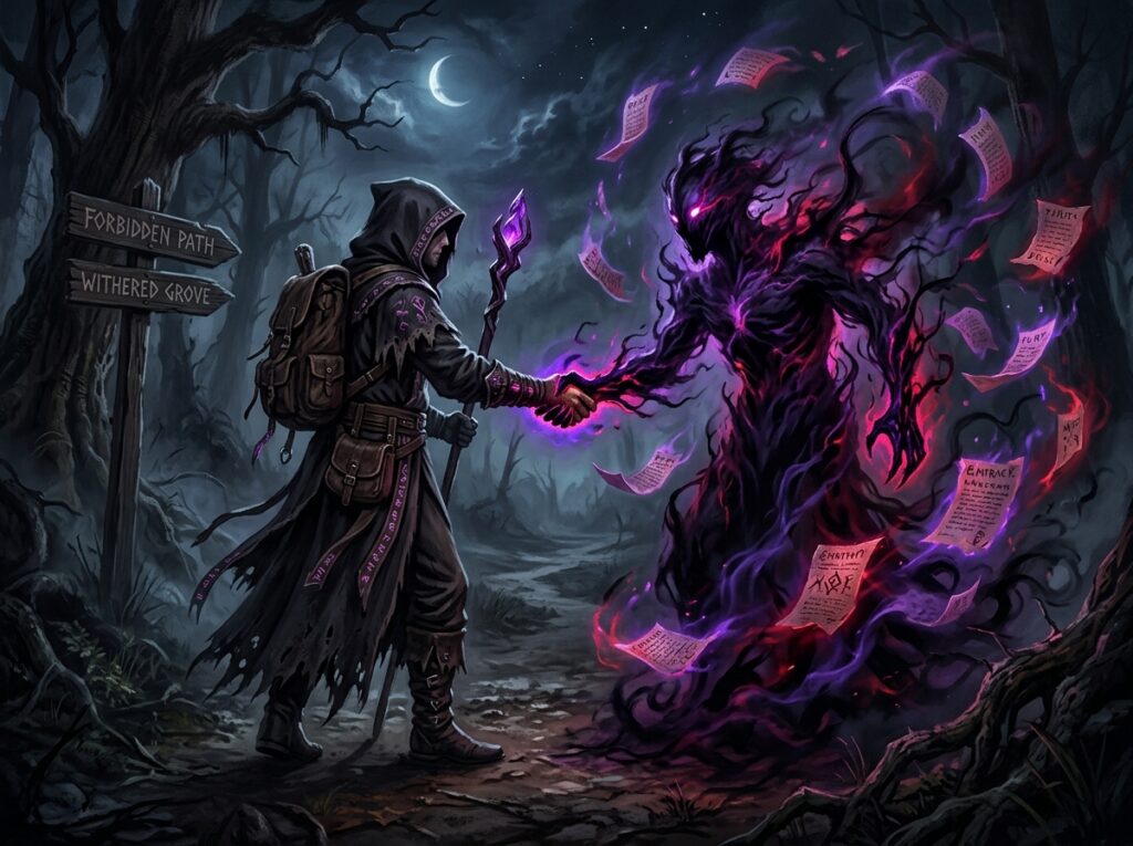Sorcier DnD 2024 : guide complet du warlock dans Donjons et Dragons 1 Sorcier scellant un pacte occulte avec une entité surnaturelle, symboles arcaniques et énergie cosmique violette et or, illustration DnD fantasy épique
