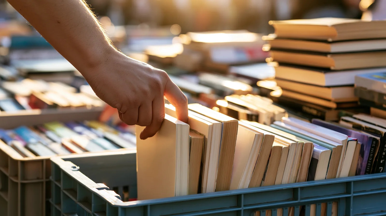 Romans d'univers de JDR : par où commencer sans se ruiner ni se spoiler 2 Stand de brocante rempli de cagettes de vieux romans de poche, une main fouille à la recherche d'une affaire