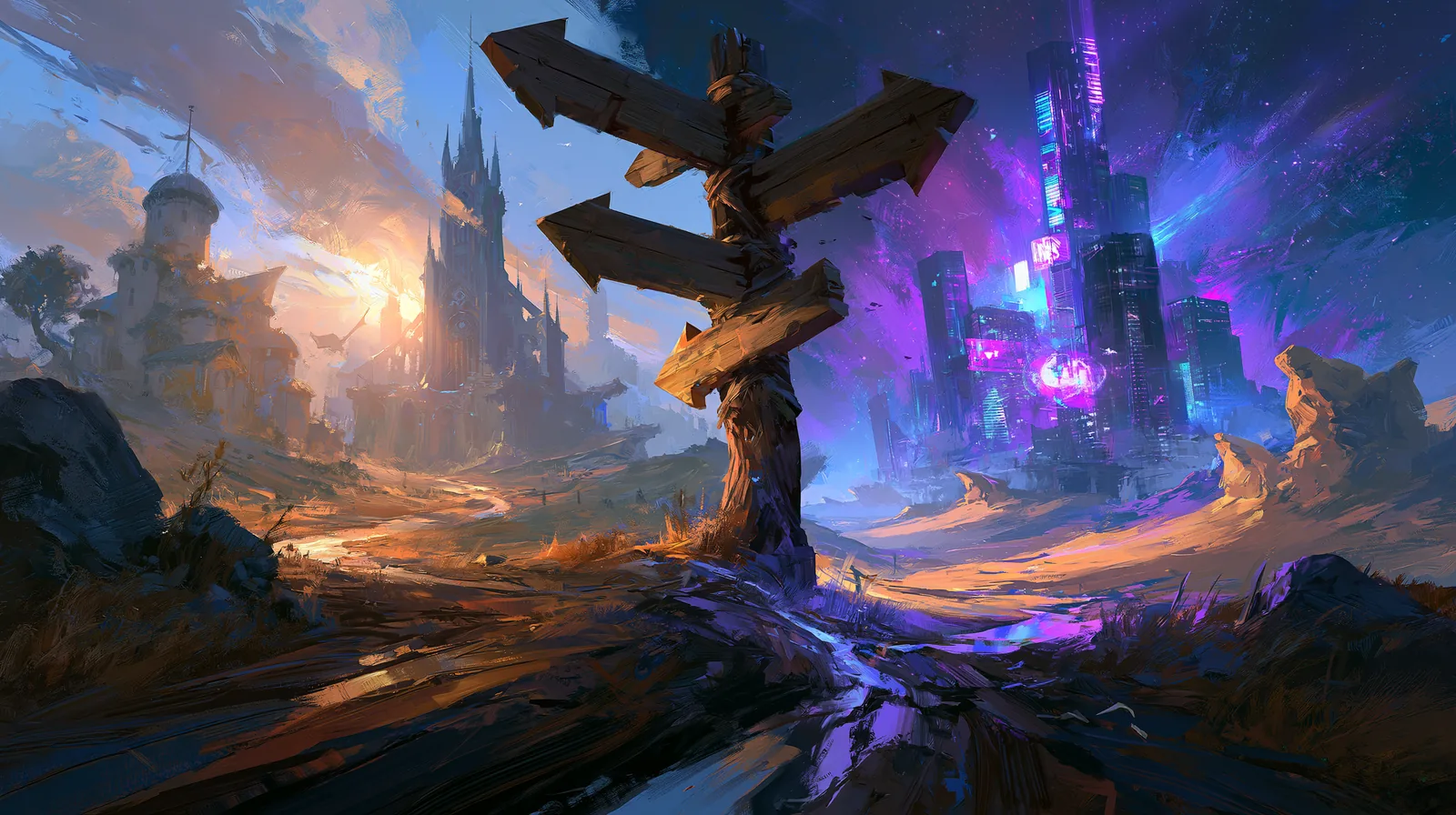 Romans d'univers de JDR : par où commencer sans se ruiner ni se spoiler 1 Poteau indicateur à un carrefour, des flèches vers différents univers, fantasy, gothique, néon et désert
