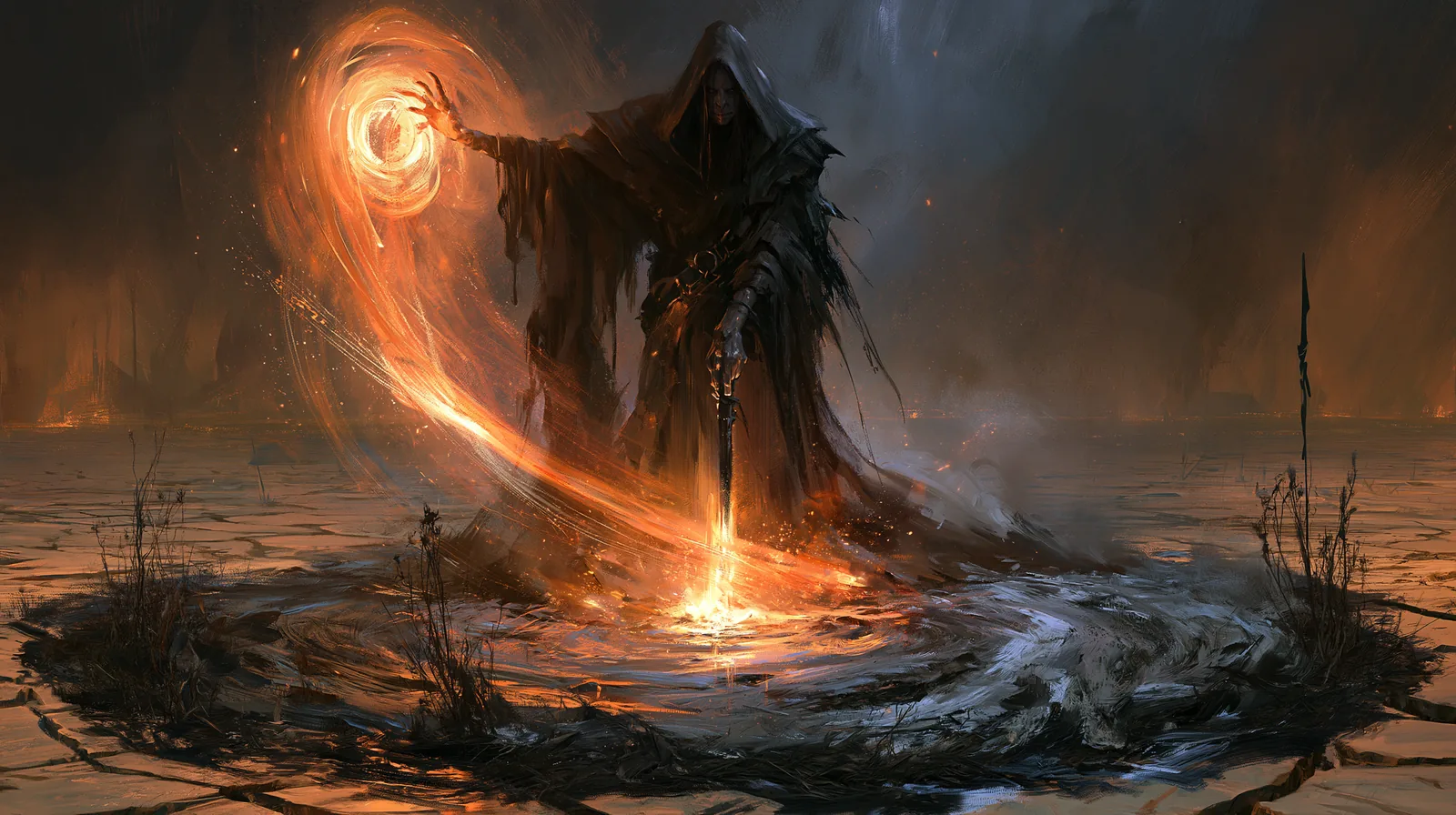 Dark Sun, le monde de Donjons & Dragons où la magie tue la vie 1 Mage défileur aspirant la vie du sol, cercle de cendre et de plantes mortes à ses pieds, désert craquelé