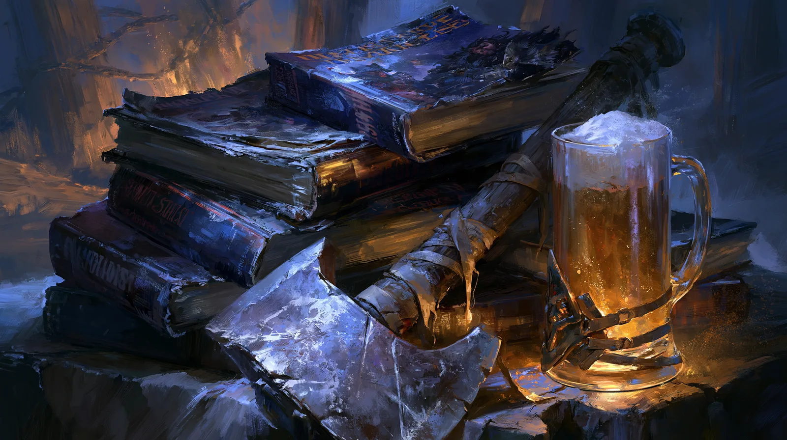Gotrek et Felix : le duo de baston culte des romans Warhammer 1 Pile de romans de fantasy populaires à côté d'une chope mousseuse et d'une hache, ambiance taverne