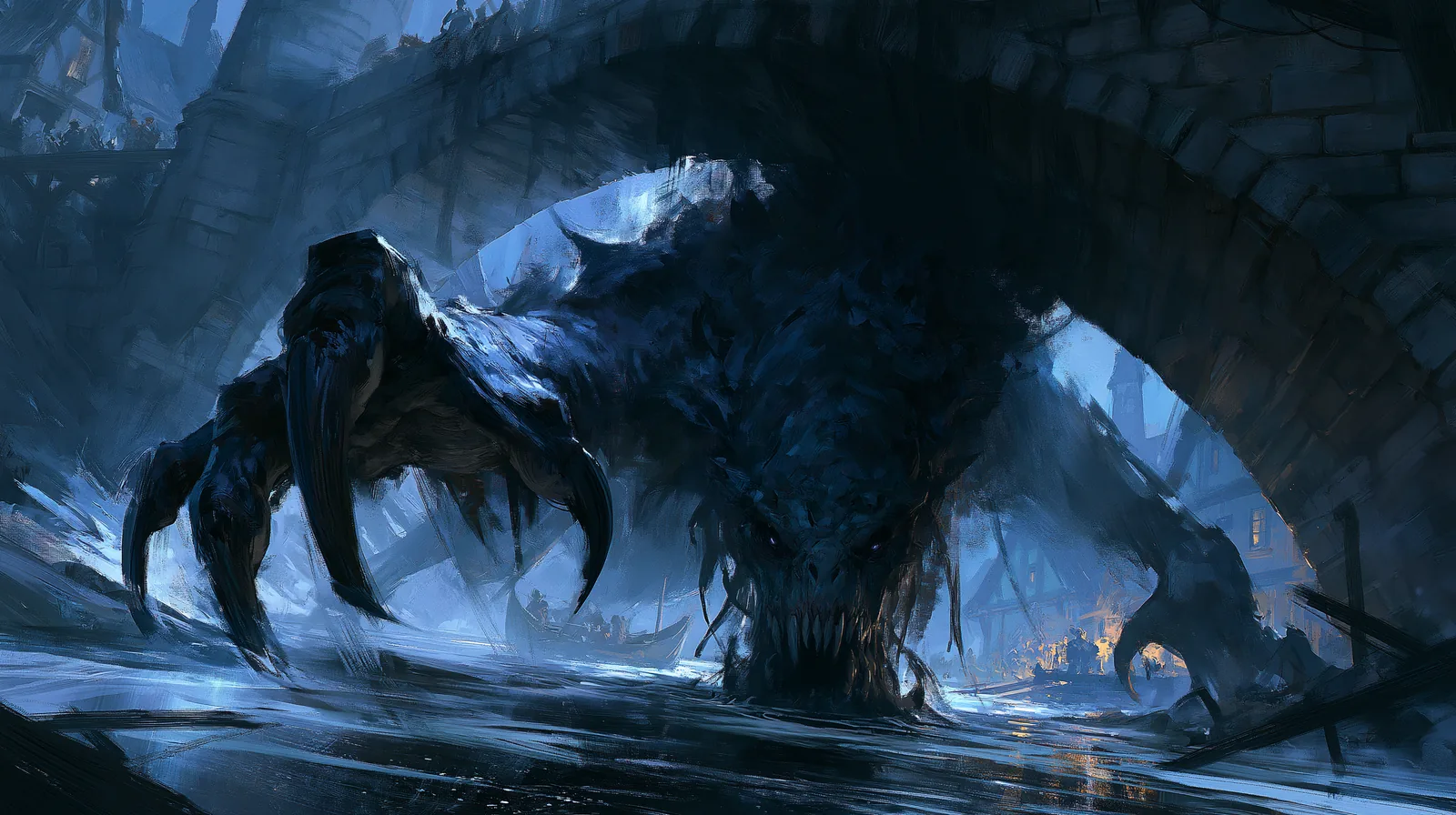 Gotrek et Felix : le duo de baston culte des romans Warhammer 2 Créature griffue tapie sous un vieux pont de pierre, regard luisant dans l'eau sombre, ambiance dark fantasy