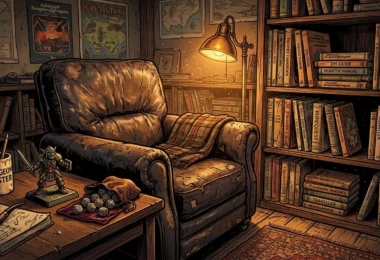 Coin lecture d'un rôliste vétéran avec fauteuil en cuir et étagères pleines de livres de jeu de rôle, illustration comic book
