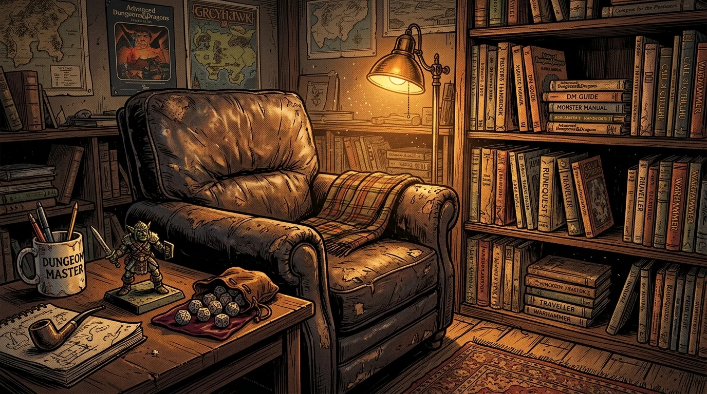 Coin lecture d'un rôliste vétéran avec fauteuil en cuir et étagères pleines de livres de jeu de rôle, illustration comic book
