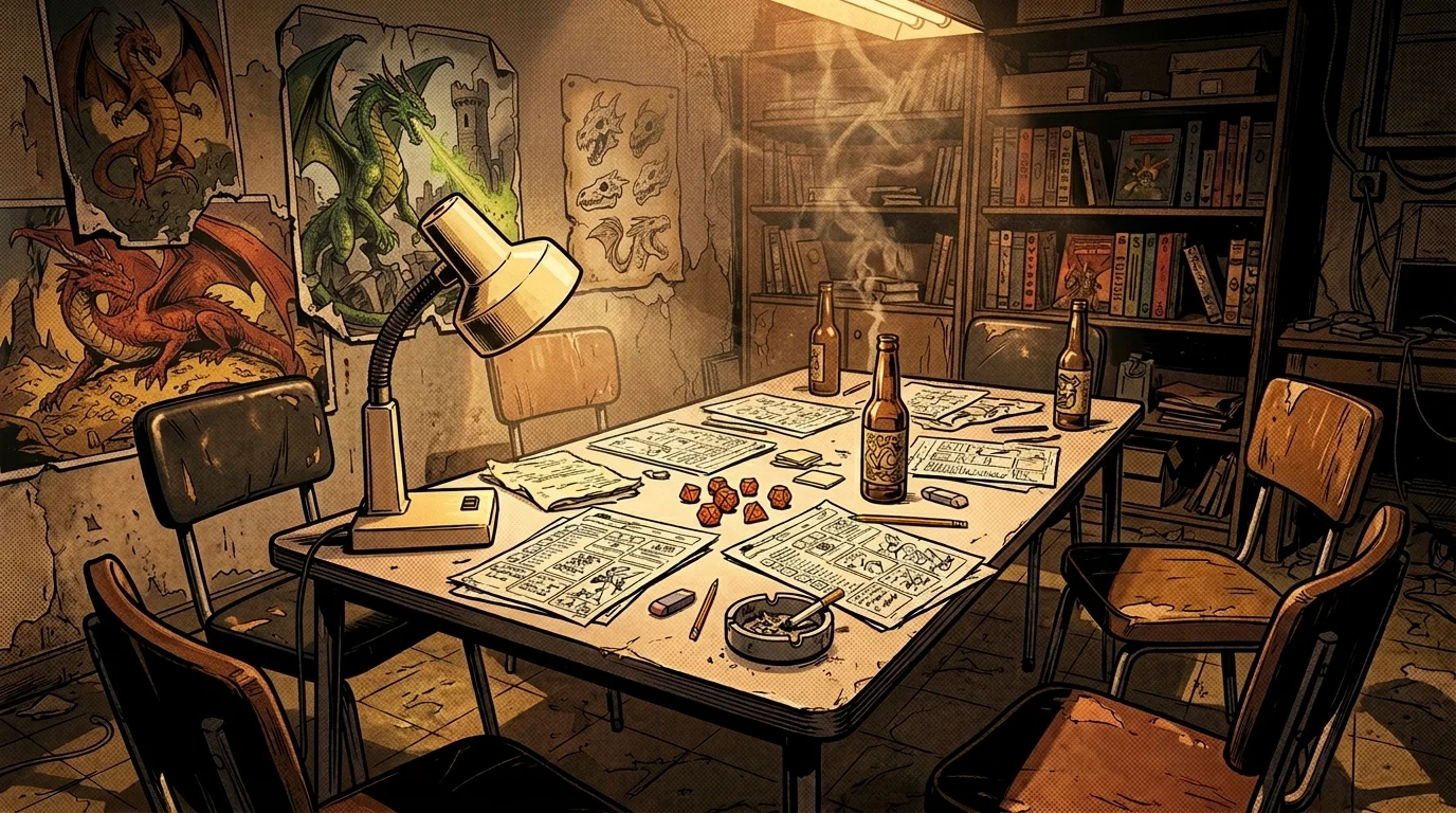 Grog : c'est quoi ce terme dans le jargon rôliste ? 1 Salle de club de jeu de rôle des années 80 avec table en formica, dés et feuilles de personnage photocopiées