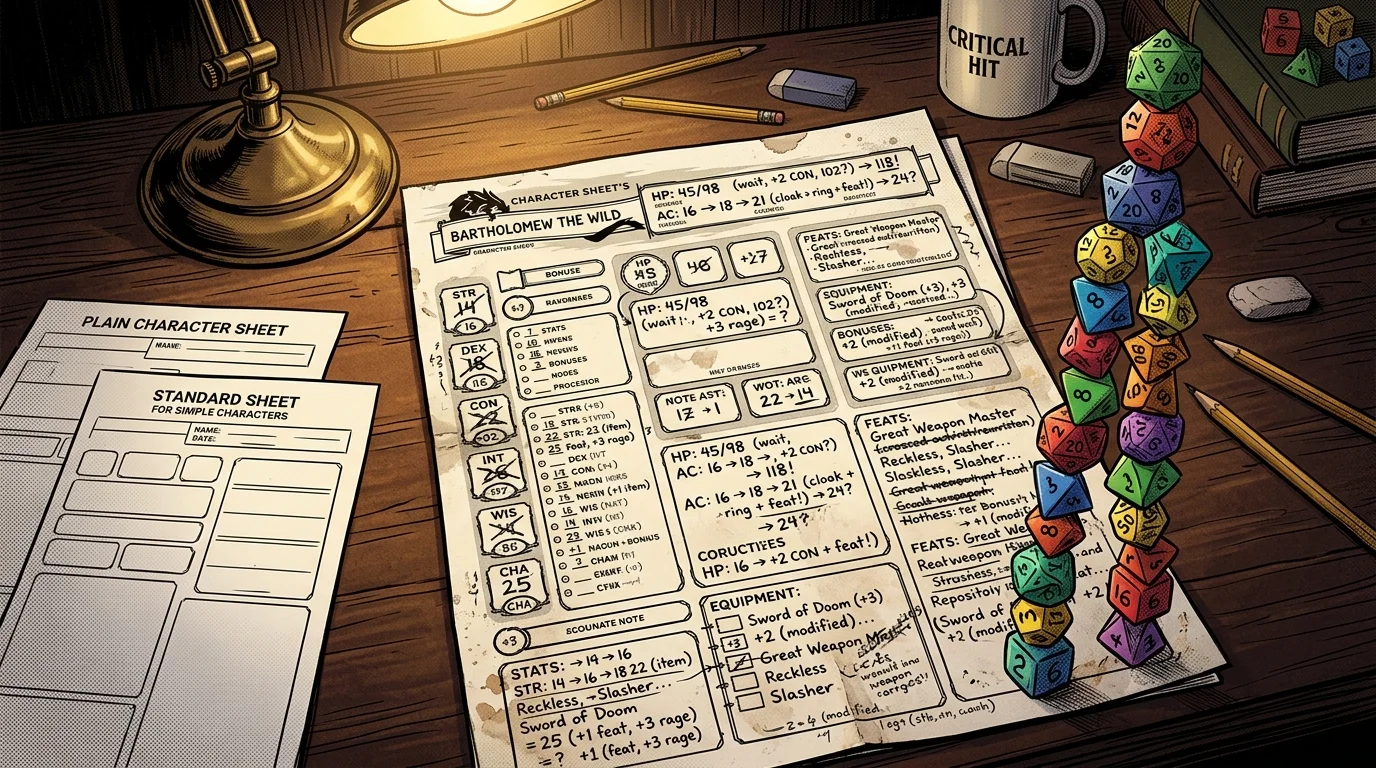 Fiche de personnage surchargée de bonus avec tour de vingt dés en équilibre, personnage grosbill surpuissant