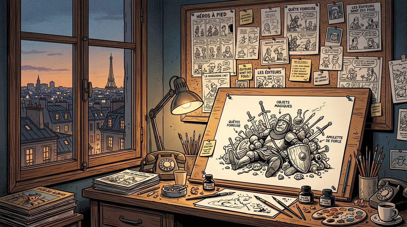 Bureau de presse français des années 80 avec caricature de chevalier croulant sous les objets magiques