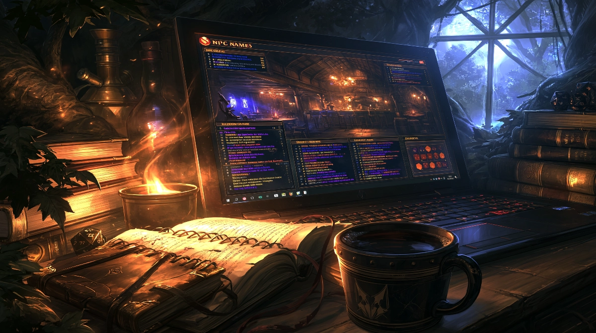 JDR solo en ligne : les meilleurs outils numériques pour jouer seul 3 Générateur aléatoire numérique produisant noms de PNJ et descriptions de lieux fantasy, bureau chaleureux avec carnet et café.