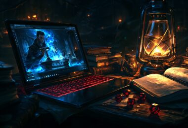 Un rôliste solo la nuit à son bureau, ordinateur affichant un oracle numérique, dés et carnet à côté, mélange de jeu numérique et physique