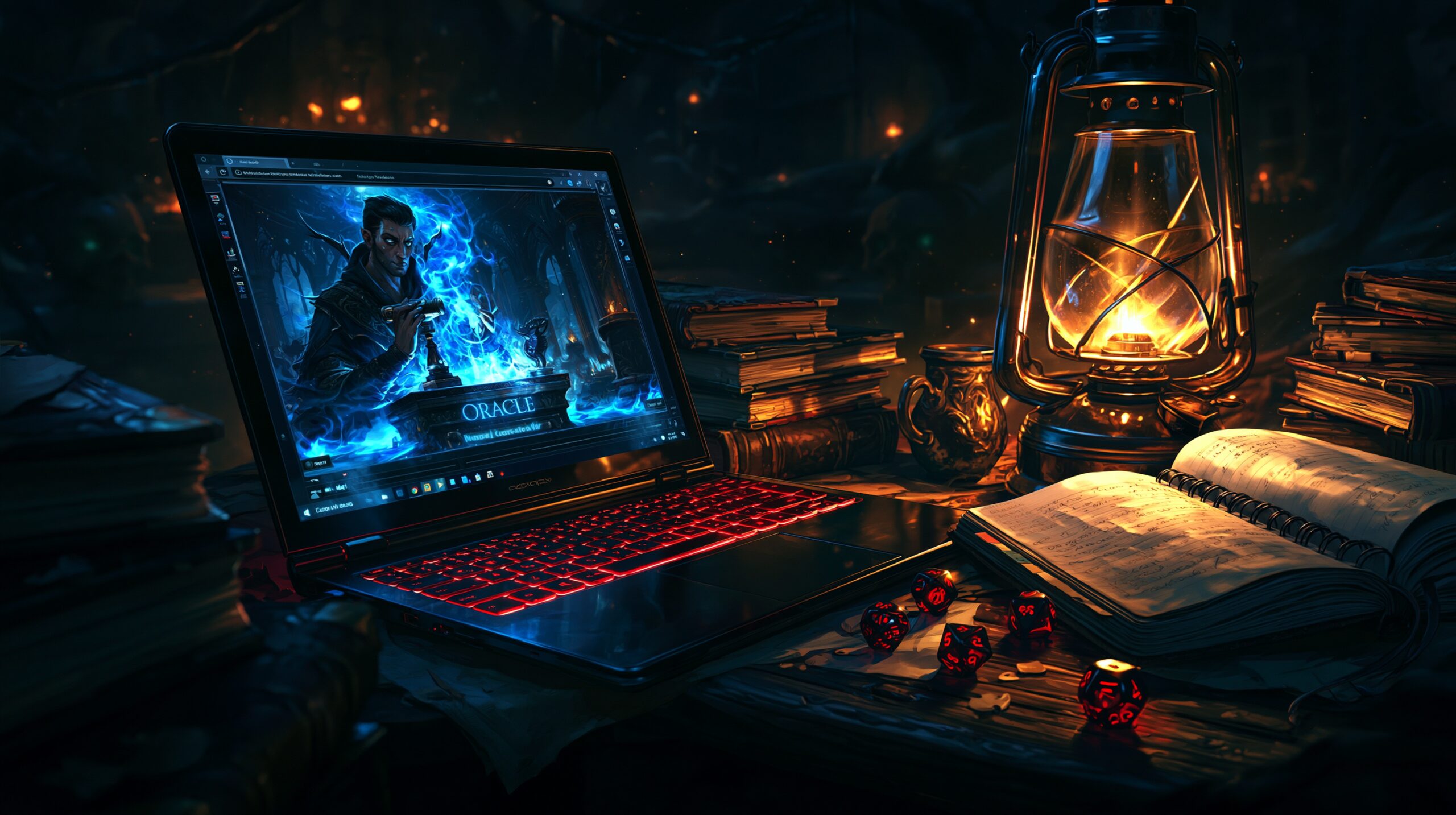Un rôliste solo la nuit à son bureau, ordinateur affichant un oracle numérique, dés et carnet à côté, mélange de jeu numérique et physique