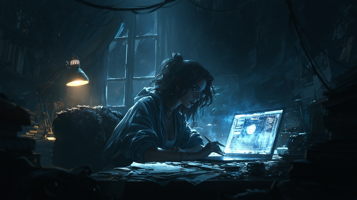 JDR solo en ligne : les meilleurs outils numériques pour jouer seul 1 Un rôliste solo consulte un oracle numérique sur son ordinateur portable la nuit, écran bleuté éclairant son visage concentré.