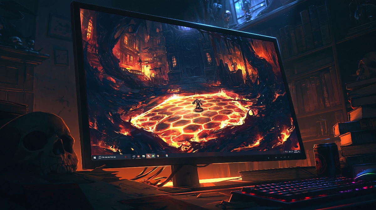 JDR solo en ligne : les meilleurs outils numériques pour jouer seul 4 Table virtuelle affichant une carte de combat avec un seul pion au centre sur un grand écran, salle de jeu sombre et immersive.