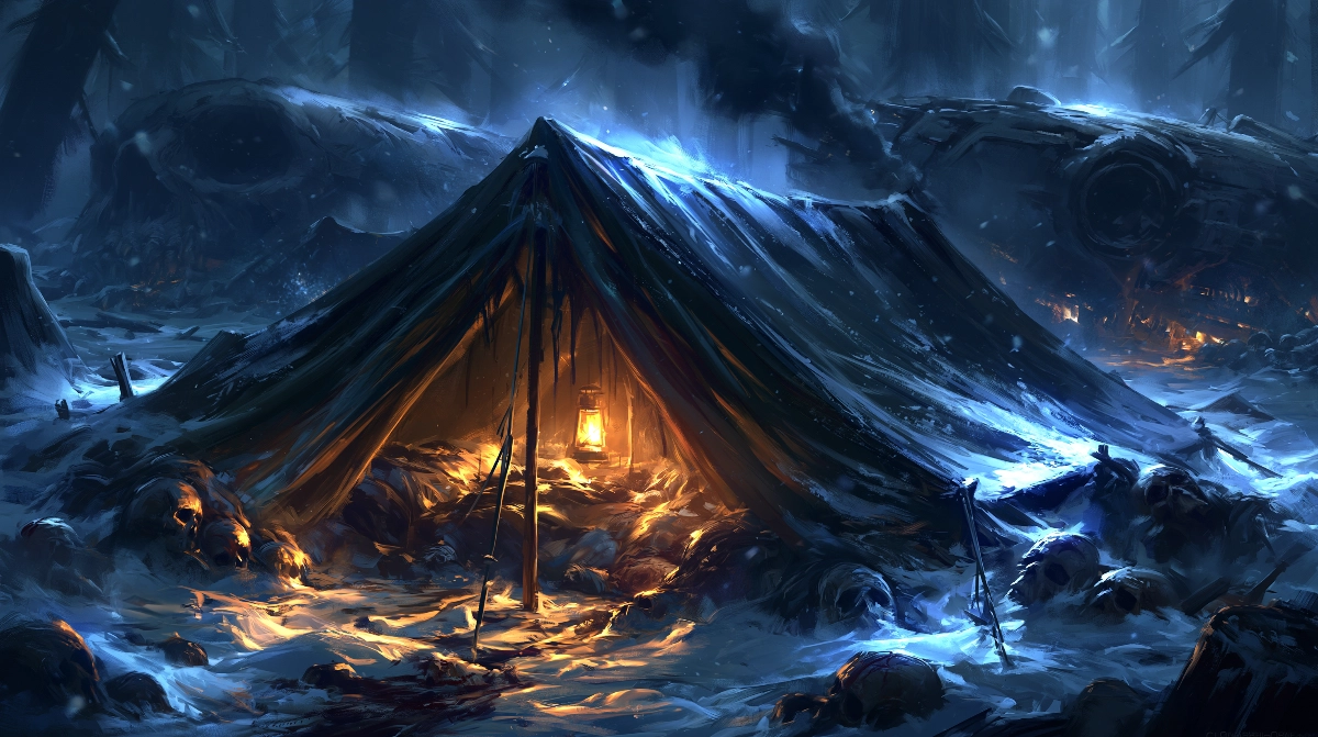 JDR solo horreur : survivre seul face aux ténèbres 6 Une tente de camp d'expédition gelée au crépuscule dans une étendue neigeuse isolée, faible lueur de lanterne, ambiance horreur solo glaçante.
