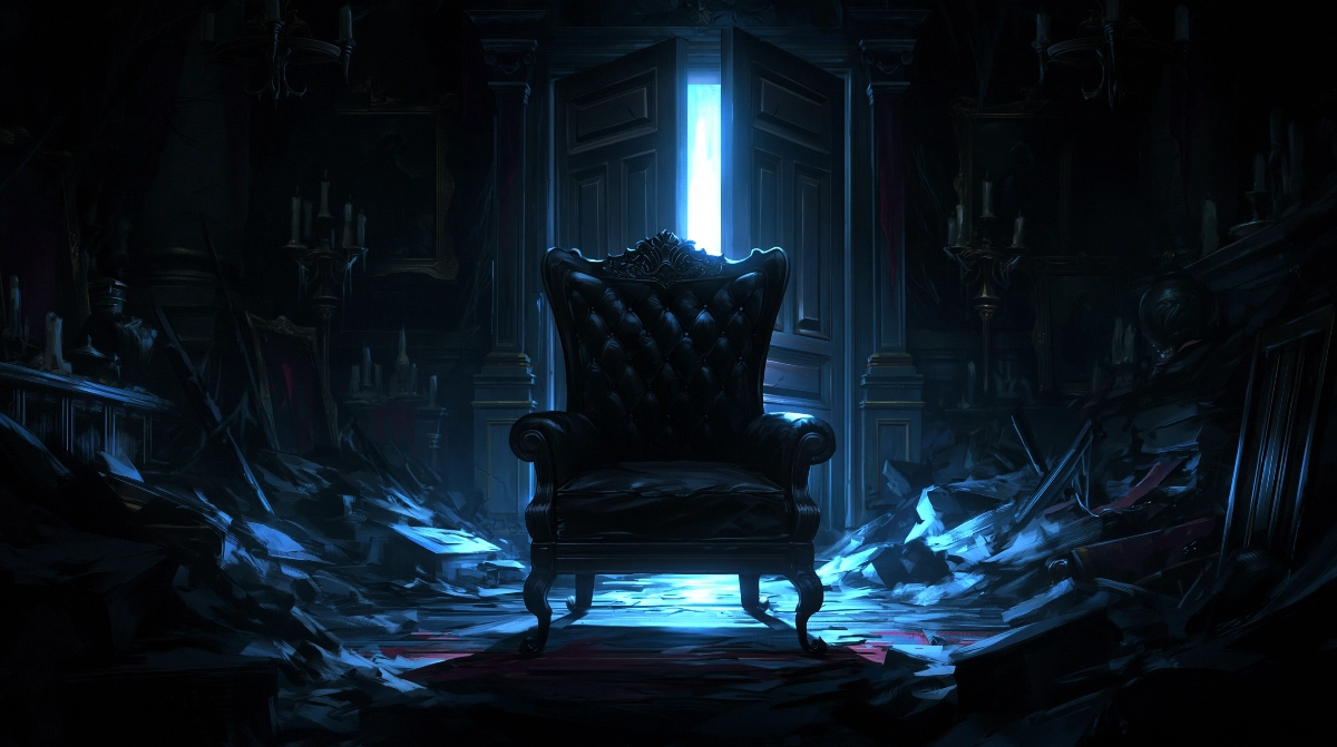 JDR solo horreur : survivre seul face aux ténèbres 2 Un fauteuil vide face à une porte entrouverte dans une maison silencieuse, lumière blafarde et vide oppressant, ambiance horreur solo.