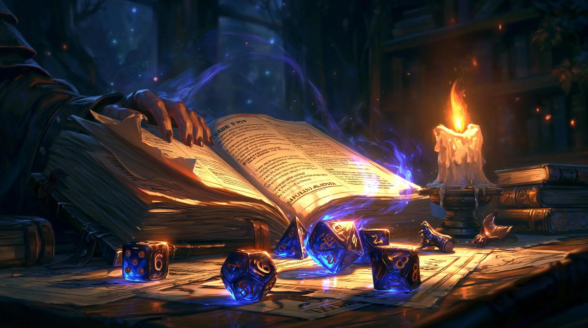 JDR solo médiéval fantastique : partir à l'aventure seul 4 Livre de règles ouvert entouré de dés et de feuilles de personnage, bougie vacillante, bureau cosy nocturne, esthétique médiévale-fantastique.