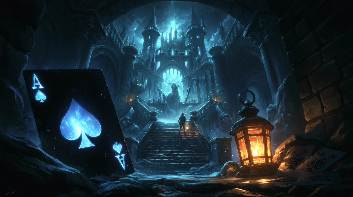 JDR solo médiéval fantastique : partir à l'aventure seul 3 Intérieur d'un château colossal aux dimensions impossibles, minuscule exploratrice à la lanterne, cartes à jouer éparses, fantasy épique.