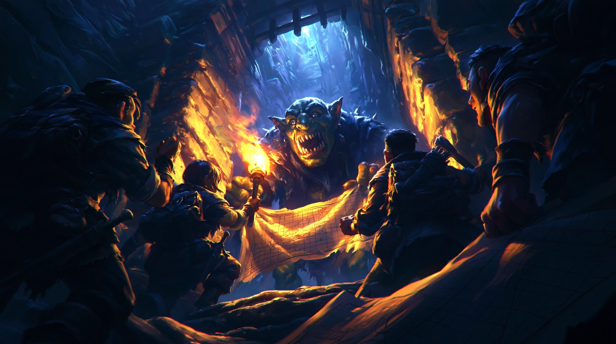 JDR solo médiéval fantastique : partir à l'aventure seul 2 Quatre aventuriers affrontant un gobelin dans un couloir de donjon en pierre, carte quadrillée dessinée à la main, ambiance heroic-fantasy classique.