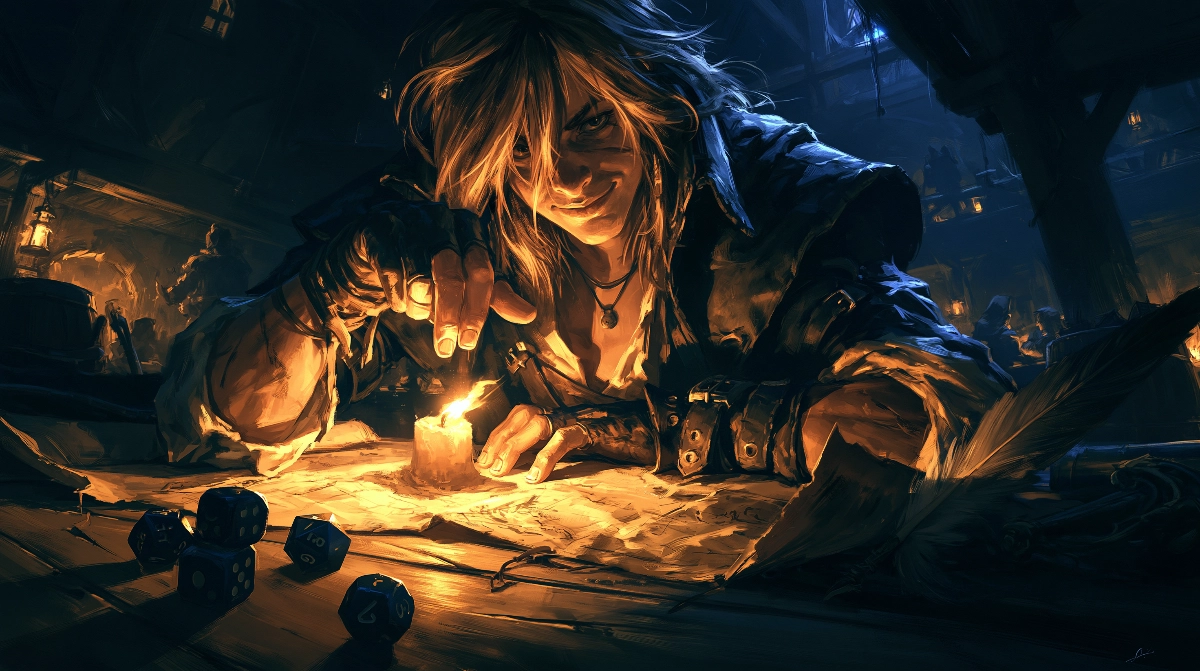 JDR solo médiéval fantastique : partir à l'aventure seul 1 Aventurier solitaire étudiant une carte à la bougie sur une table en bois, ambiance taverne médiévale-fantastique, illustration numérique chaleureuse.