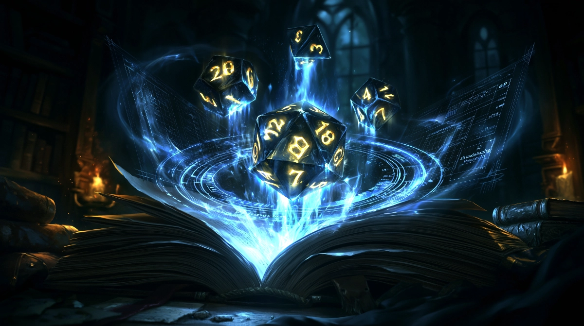 JDR solo médiéval fantastique : partir à l'aventure seul 6 Dés-oracle lumineux et tables de probabilités flottant au-dessus d'un livre de règles fantasy, lumière mystique bleutée, art conceptuel.