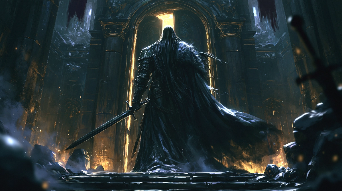 JDR solo médiéval fantastique : partir à l'aventure seul 5 Épéiste solitaire en armure de cuir usée entrant dans un temple antique en ruine, ombres dramatiques, ambiance d'aventure fantasy old-school.