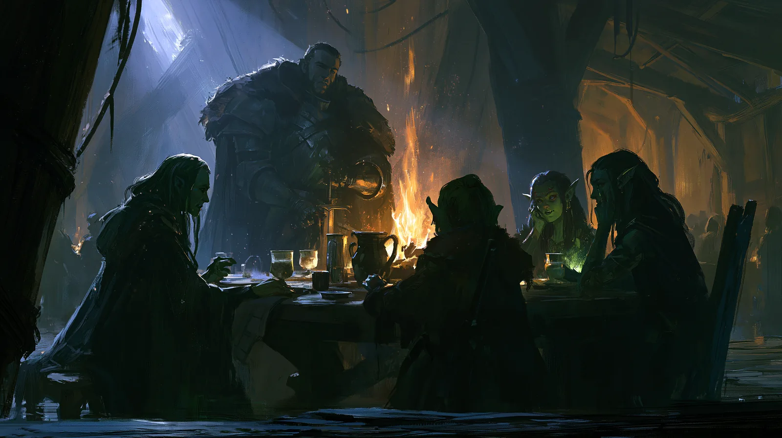 Lancedragon : Raistlin, les kenders et l'autre pilier de la fantasy Donjons & Dragons 1 Groupe d'aventuriers variés réunis à la lueur du feu dans une taverne, mage, chevalier et petit personnage curieux