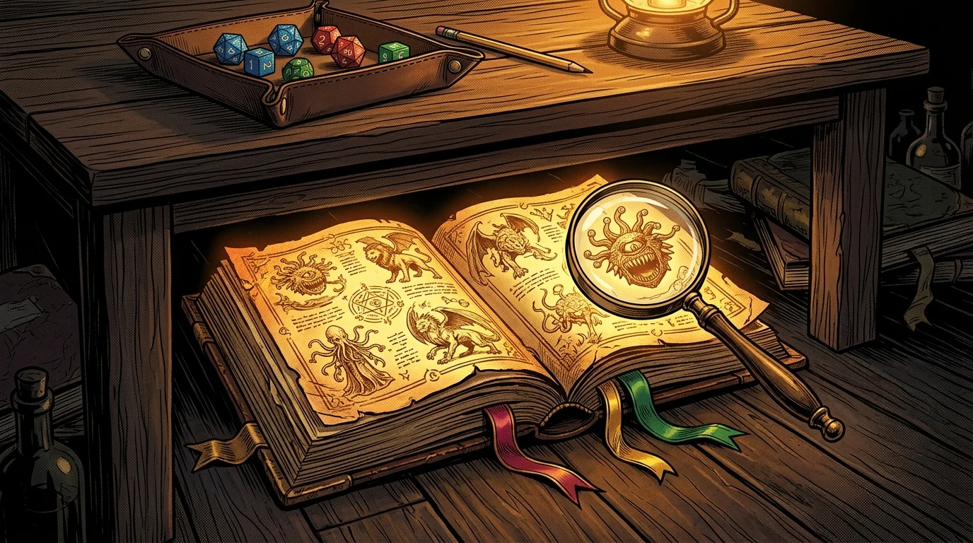 Metagaming : quand le joueur en sait plus que son personnage 1 Manuel de monstres luisant caché sous une table de jeu, connaissances interdites du joueur