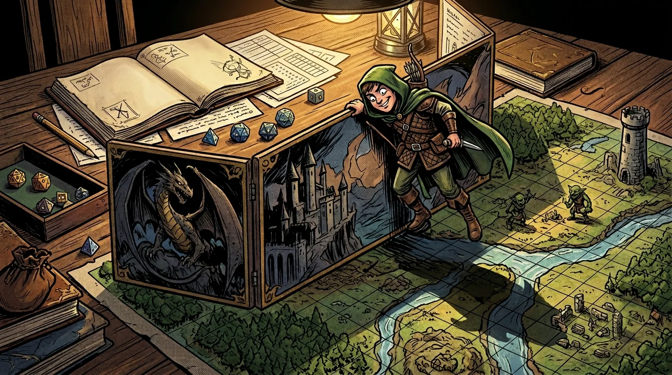 Figurine de héros regardant par-dessus l'écran du meneur de jeu, illustration metagaming JDR