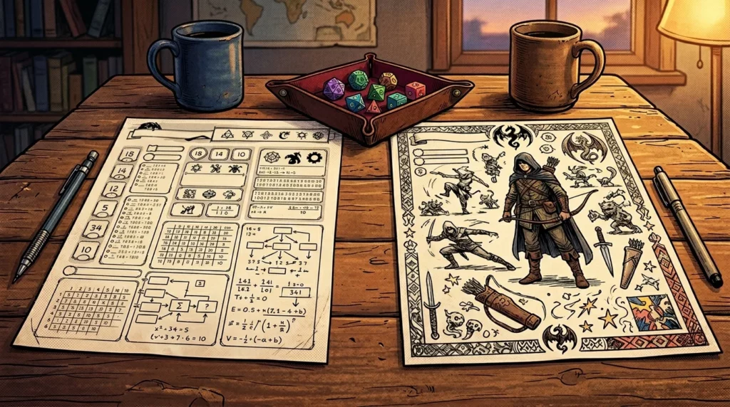 Deux fiches de personnage côte à côte, une couverte de calculs, l'autre de notes d'histoire, équilibre roleplay