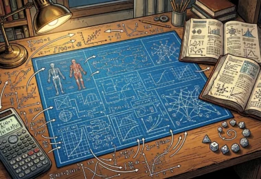 Fiche de personnage transformée en plan d'ingénieur avec calculs et courbes, illustration min-maxing JDR