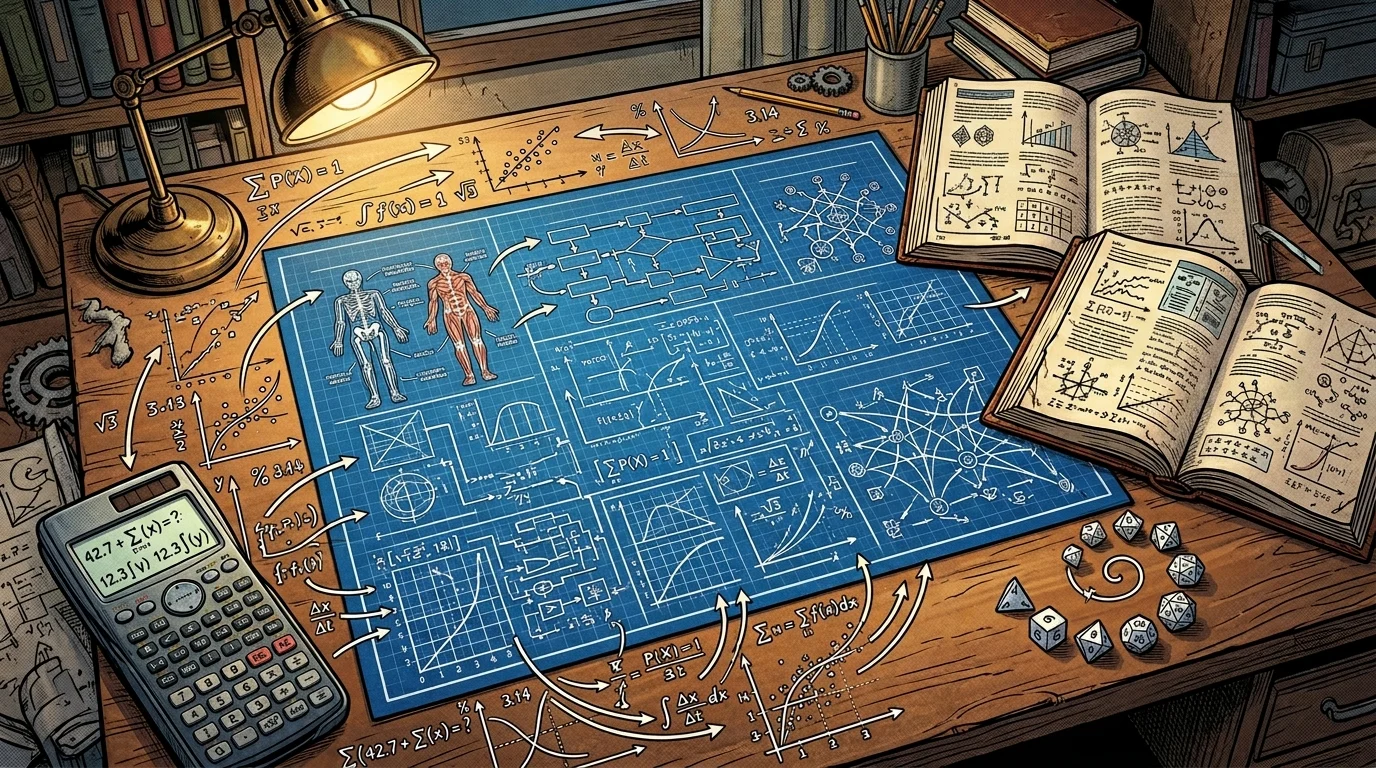 Fiche de personnage transformée en plan d'ingénieur avec calculs et courbes, illustration min-maxing JDR