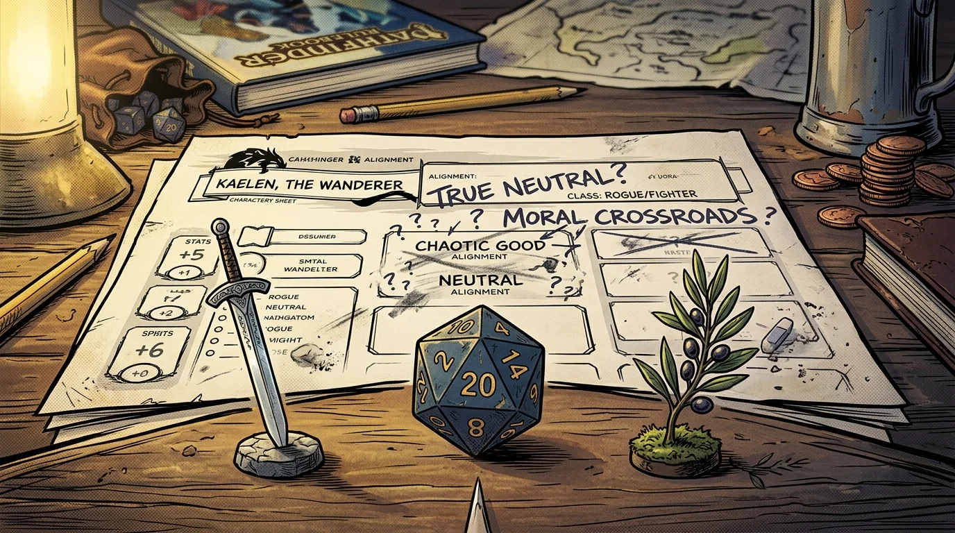 Fiche de personnage à l'alignement raturé entre une épée et un rameau d'olivier miniatures, dilemme moral JDR