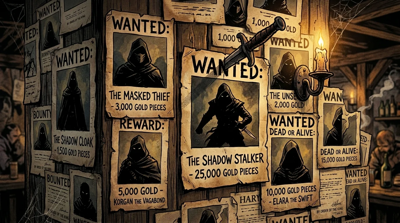 Mur d'avis de recherche en parchemin dans une taverne fantasy avec silhouettes d'aventuriers recherchés