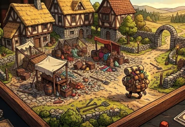 Village fantasy miniature saccagé avec étals renversés et sac de butin, illustration murder hobo JDR