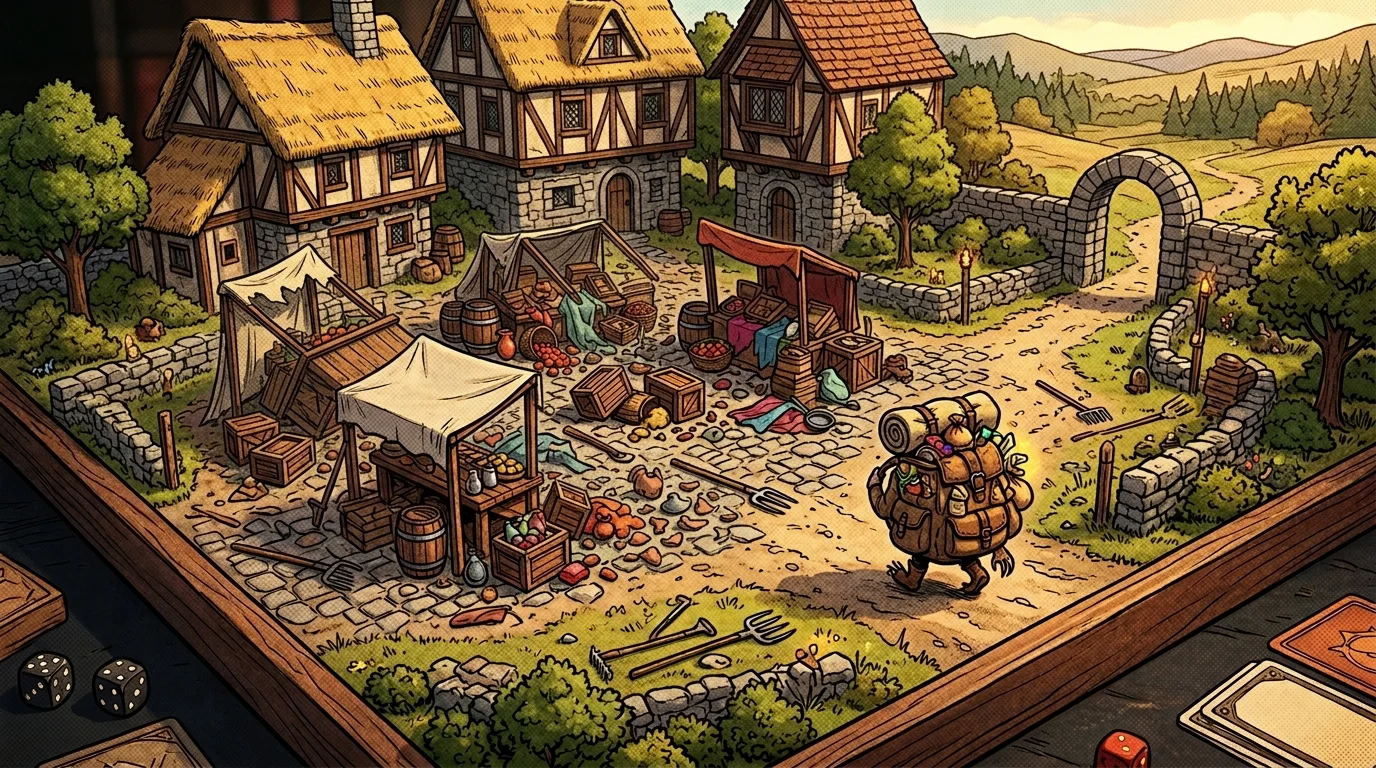 Village fantasy miniature saccagé avec étals renversés et sac de butin, illustration murder hobo JDR