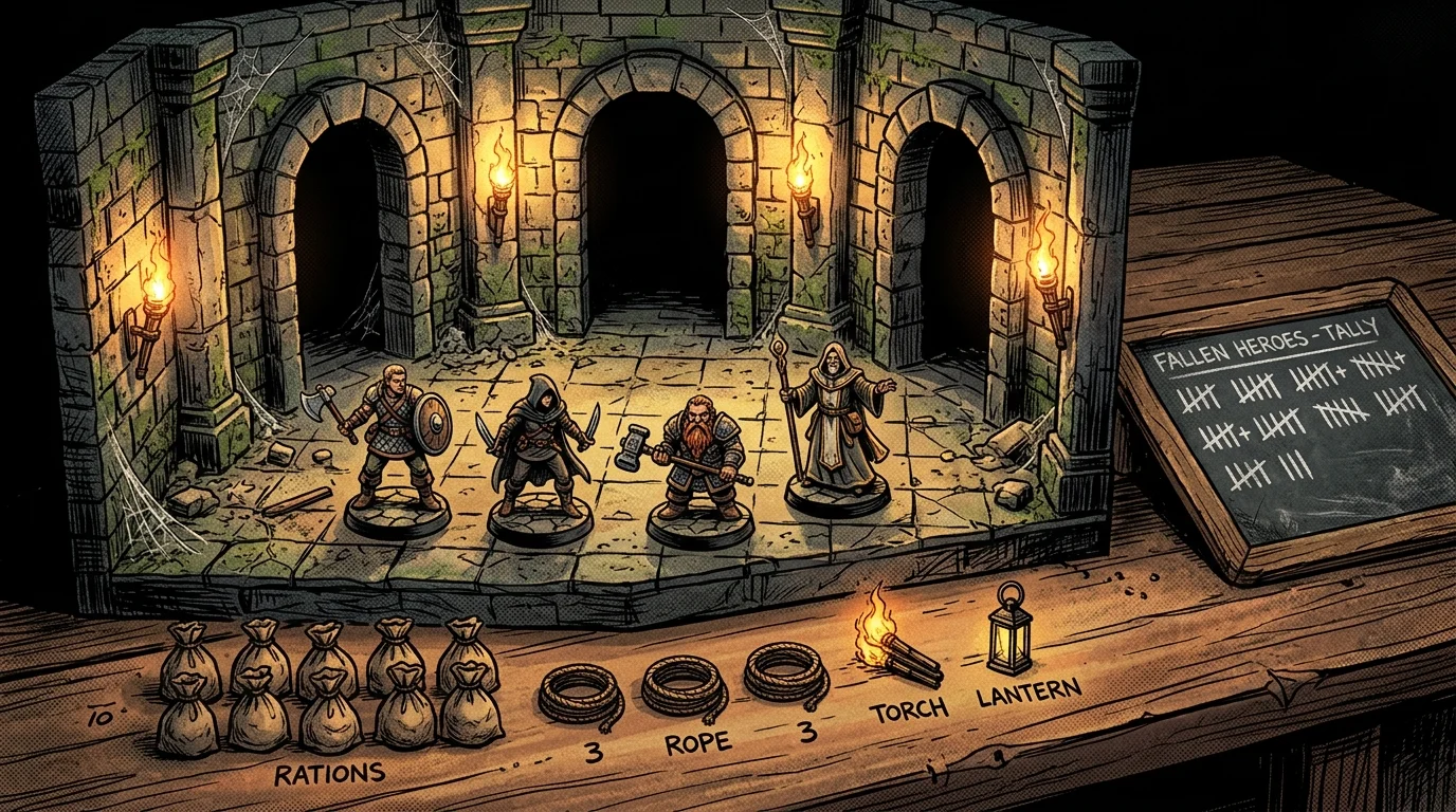 Groupe de miniatures devant trois portes de donjon avec rations et corde, exploration old school mortelle