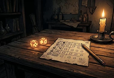 Deux dés à six faces sur une table en bois éclairée à la bougie, ambiance JDR narratif PbtA