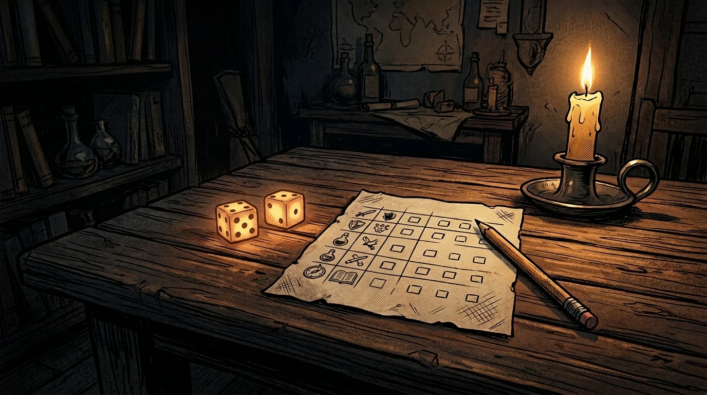 Deux dés à six faces sur une table en bois éclairée à la bougie, ambiance JDR narratif PbtA