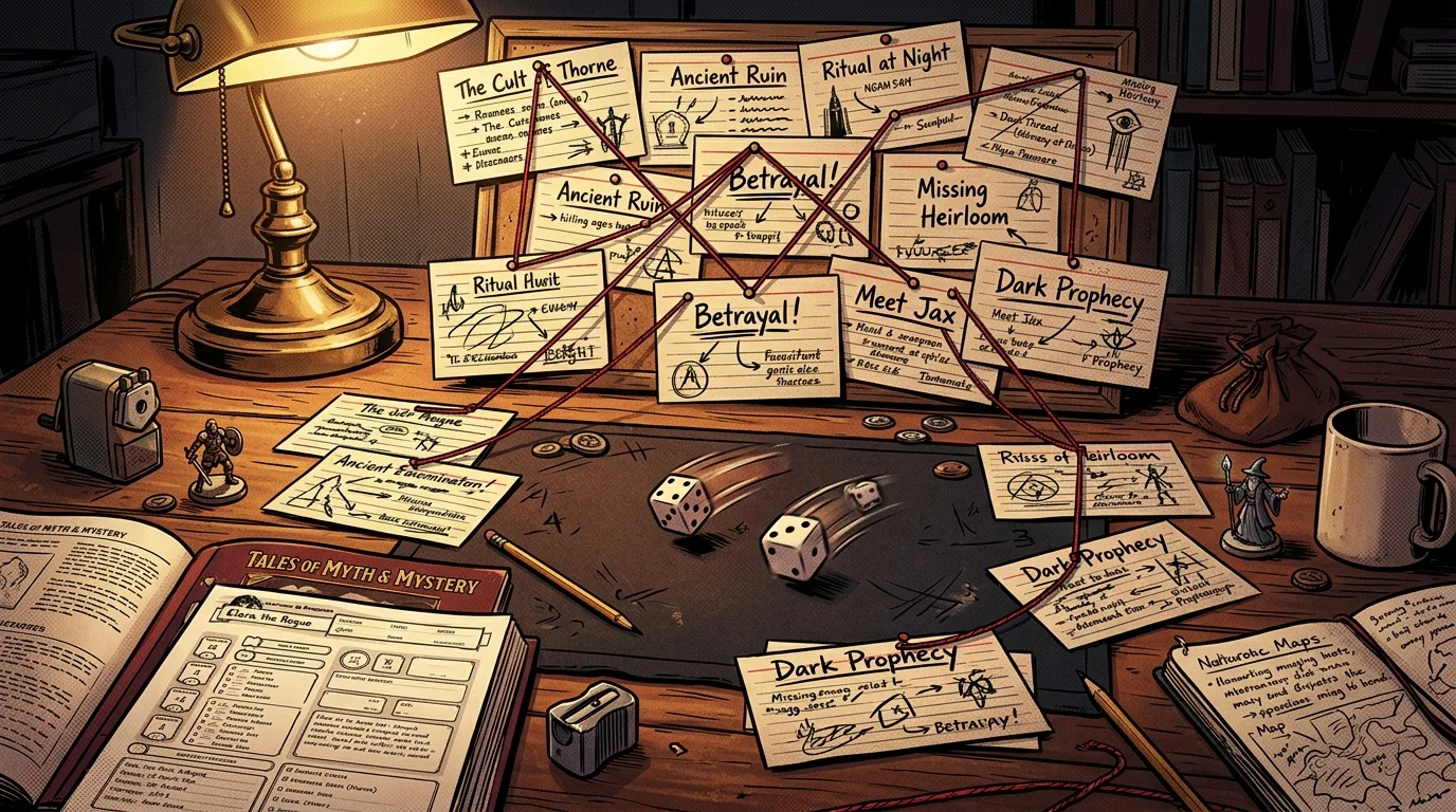 PbtA : comprendre le moteur « Powered by the Apocalypse » 2 Table de JDR narratif avec fiches reliées par des fils façon tableau d'enquête et dés en plein lancer