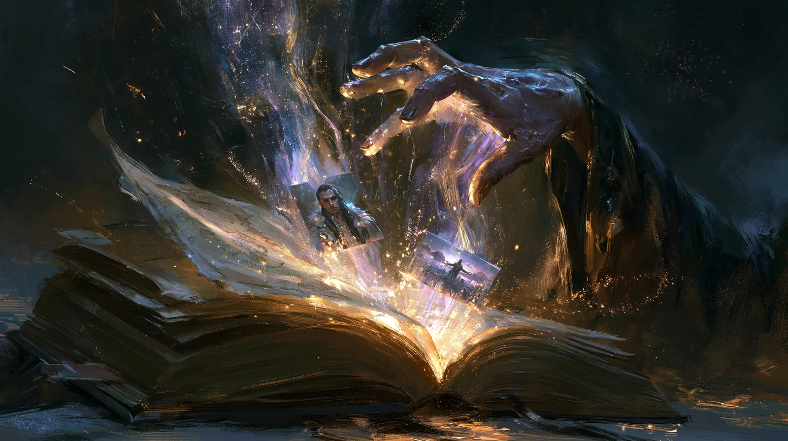 Piller un roman d'univers de JDR pour bâtir son scénario (sans tout recopier) 2 Une main extrayant d'un livre des éléments lumineux, carte, portrait et scène, métaphore du vol d'inspiration