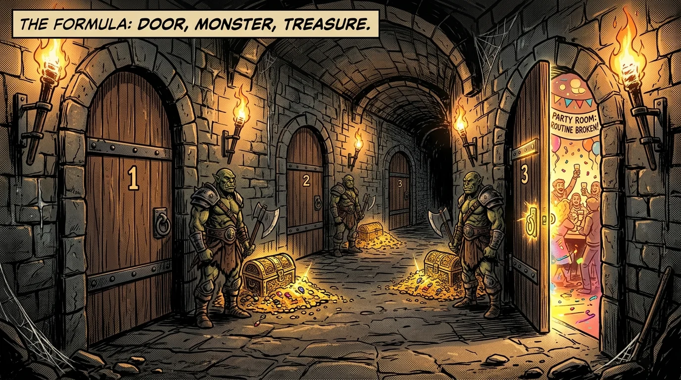 Couloir de donjon répétant porte, monstre et trésor en enfilade, dungeon crawl répétitif