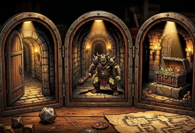 Porte, monstre et coffre au trésor miniatures alignés comme une fable sur une table de jeu, porte-monstre-trésor