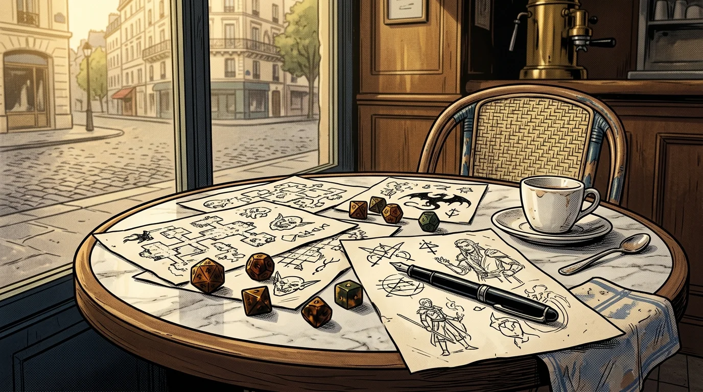 Table de café parisien avec expresso, dés et croquis de donjon dessinés à la main, JDR à la française