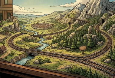 Rails de chemin de fer miniatures traversant un décor fantasy sur une table de jeu, métaphore du railroading JDR
