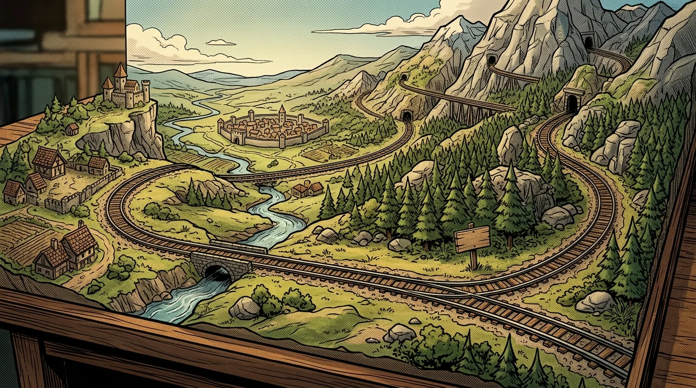 Rails de chemin de fer miniatures traversant un décor fantasy sur une table de jeu, métaphore du railroading JDR
