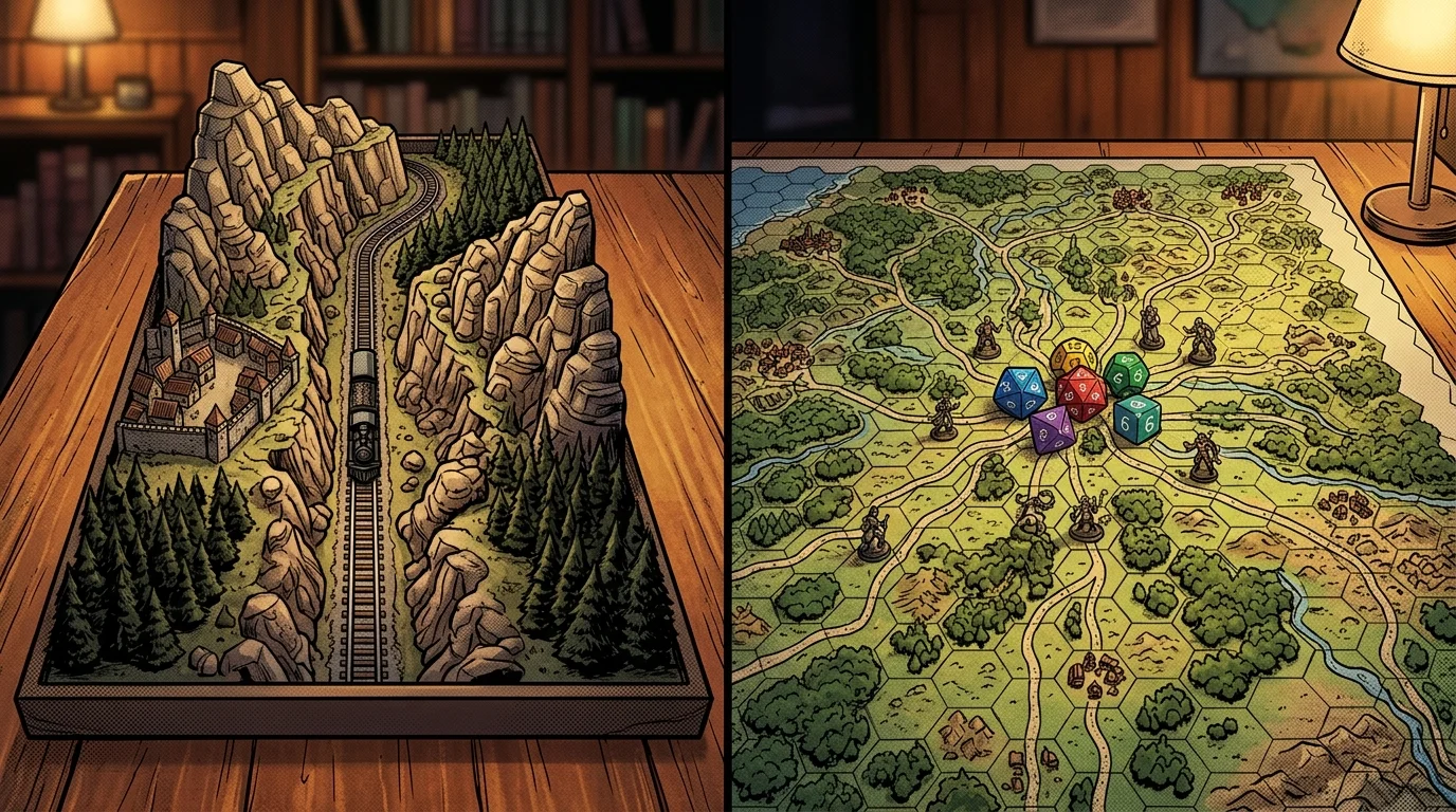 Deux tables de jeu opposées, rail rigide contre carte à hexagones ouverte, liberté des joueurs en JDR