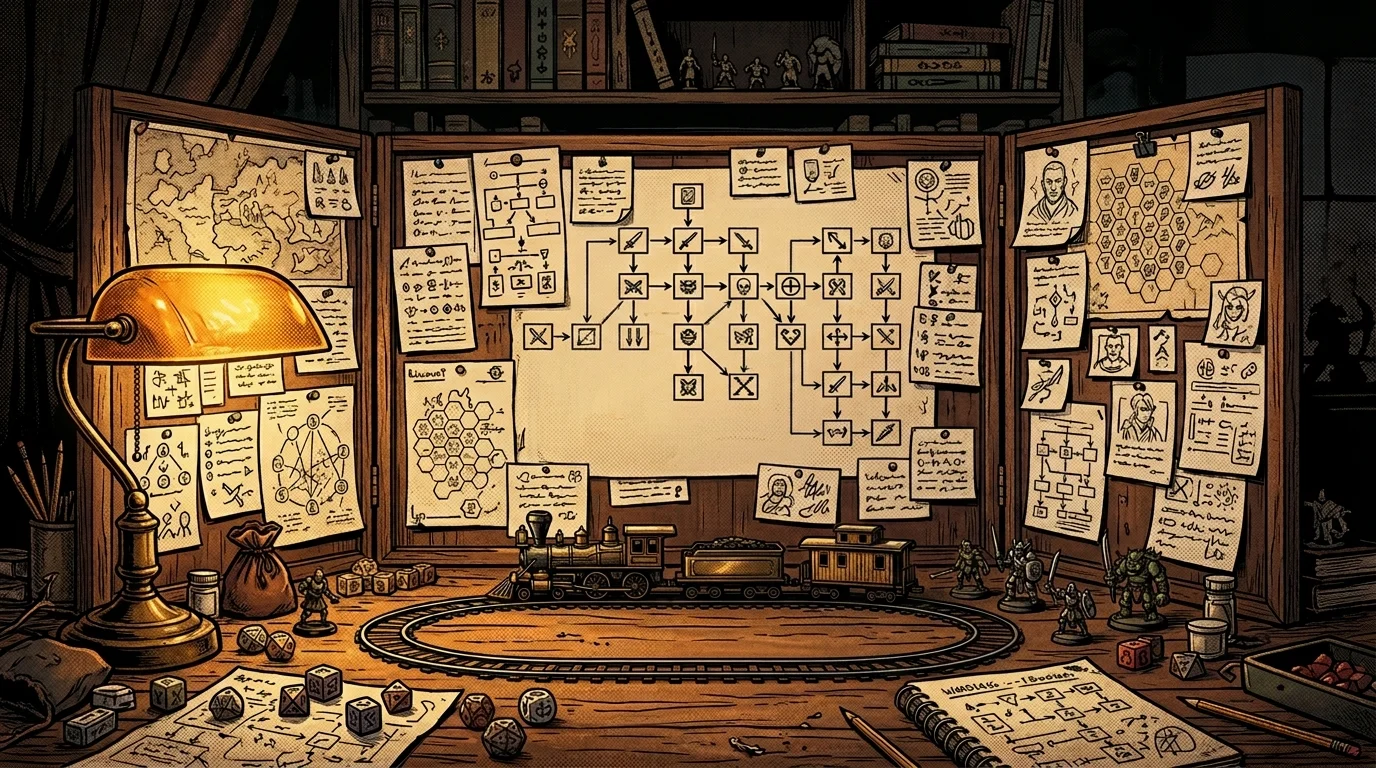 Écran de meneur de jeu vu de derrière avec notes numérotées et petit train jouet, scénario dirigiste