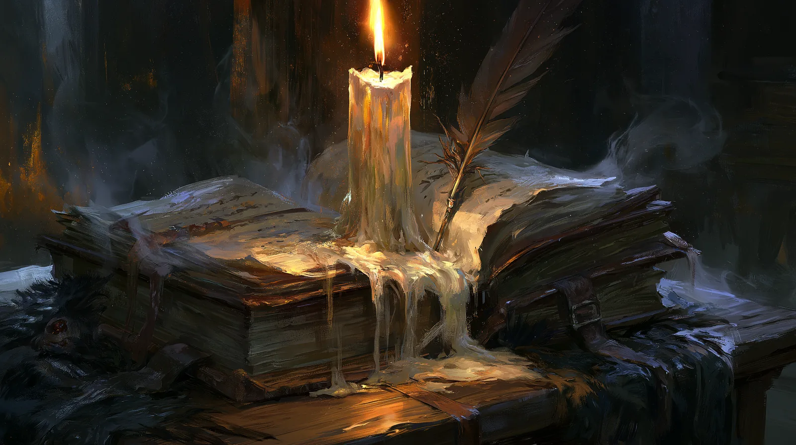 Ravenloft : le versant gothique et horrifique de Donjons & Dragons 2 Vieux journal en cuir ouvert près d'une bougie et d'une plume dans un cabinet gothique brumeux